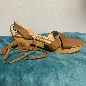 Tan suede leather ankle tie platform